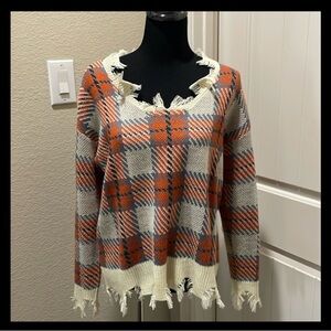 Frayed Edge Plaid Sweater - Orange and Cream